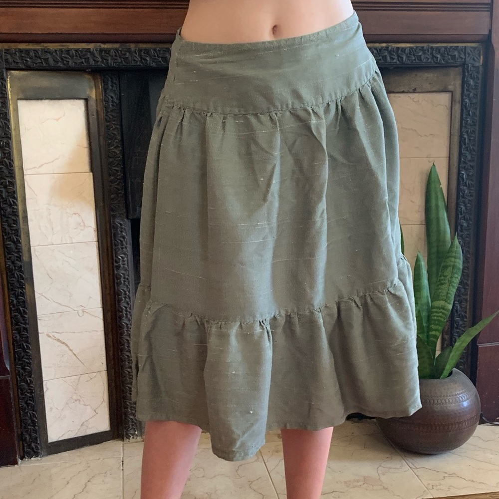 Lena Medoyeff Sage Green Tiered Raw Silk Women's Skirt S